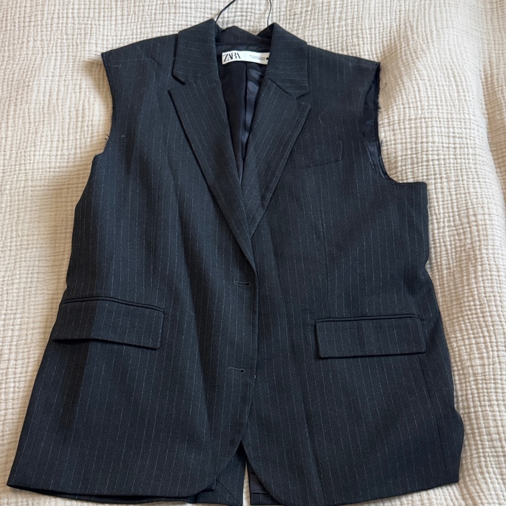 Zara Black Pinstriped Cut Off Blazer Vest